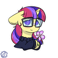 Size: 600x600 | Tagged: safe, artist:swishyfishy4308, moondancer, pony, unicorn, g4, clothes, commission, cute, dancerbetes, female, flower, glasses, mare, outline, promo, promotional art, simple background, sweater, transparent background, white outline, ych example, your character here