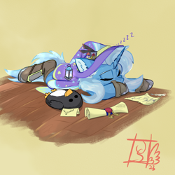 Size: 2000x2000 | Tagged: safe, artist:jubyskylines, trixie, pony, unicorn, g4, cape, clothes, female, hat, high res, mare, onomatopoeia, plushie, scroll, sleeping, solo, sound effects, trixie's hat, zzz
