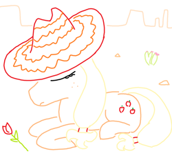 Size: 1364x1252 | Tagged: safe, artist:purblehoers, applejack, g4, cactus, desert, flower, hat, lying down, ms paint, rock, rose, sad, simple background, solo, sombrero, white background
