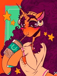 Size: 1536x2048 | Tagged: safe, artist:rare-apples, saffron masala, pony, unicorn, g4, 2d, clothes, colored, cup, digital art, drink, female, happy, headband, holding, long hair, looking at you, mare, shirt, smiling, smiling at you, solo, straw