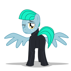 Size: 900x900 | Tagged: safe, artist:warren peace, oc, oc only, oc:loop rider, pegasus, pony, ashes town, fallout equestria, butt, clothes, coat markings, dappled, enclave, full body, grand pegasus enclave, implied tail hole, jumpsuit, looking at you, male, multiple variants, one eye closed, plot, rear view, shadow, show accurate, simple background, solo, stallion, tail, transparent background, wings, wink