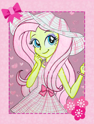 Size: 1280x1682 | Tagged: artist needed, source needed, safe, fluttershy, human, equestria girls, g4, barbie, barbie (film), bracelet, colored pencil drawing, female, hat, jewelry, looking at you, necklace, solo, traditional art