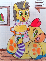 Size: 2921x3840 | Tagged: safe, alternate version, artist:bitter sweetness, oc, oc only, oc:bitter sweetness, pony, unicorn, abdl, adult foal, clothes, diaper, diaper fetish, fetish, food, graph paper, green eyes, high res, horn, male, non-baby in diaper, open mouth, open smile, riding, smiling, socks, striped socks, toy, traditional art, watermelon, wooden floor