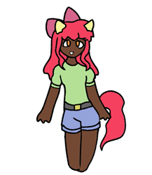 Size: 799x920 | Tagged: safe, artist:icicle-niceicle-1517, artist:snailsgift, color edit, edit, apple bloom, human, g4, adorabloom, apple bloom's bow, belt, bow, chibi, clothes, collaboration, colored, cute, dark skin, eared humanization, female, grin, hair bow, humanized, shirt, shorts, simple background, smiling, solo, t-shirt, tail, tailed humanization, transparent background