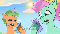 Size: 520x293 | Tagged: safe, screencap, grassy hills, minty skylark, earth pony, pony, unicorn, g5, hot day huh?, my little pony: tell your tale, spoiler:g5, spoiler:my little pony: tell your tale, spoiler:tyts01e57, animated, bow, cellphone, duo, duo male and female, female, gif, hair bow, hasbro hates dubbing songs, hasbro is not dubbing songs, hoof hold, japanese, magnetic hooves, male, mare, phone, smartphone, sparkly eyes, stallion, sweat, sweatdrops, unnamed character, unnamed pony, wingding eyes