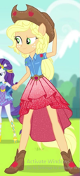 Size: 291x639 | Tagged: safe, screencap, applejack, rarity, human, cheer you on, equestria girls, equestria girls series, g4, spoiler:eqg series (season 2), alternate hairstyle, applejack's hat, belt, boots, clothes, cowboy boots, cowboy hat, cropped, cutie mark on clothes, duo, hand on hat, hat, ponied up, raised eyebrow, shirt, shoes, skirt, smiling, solo focus, stetson, super ponied up