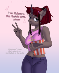 Size: 1190x1473 | Tagged: safe, artist:gabrilis, oc, oc only, oc:dakota samsa, unicorn, anthro, barbie, barbie (film), belly button, belly piercing, breasts, choker, curved horn, female, gradient background, horn, midriff, piercing, solo