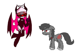 Size: 816x560 | Tagged: safe, editor:wonderwolf51, demon, earth pony, pony, blindfold, broken horn, duo, duo female, female, for a roleplay, friday night funkin', henchmare, holes in wings, horn, missing cutie mark, missing horn, no eyes, ripped wing, sarvente, scar, simple background, torn wings, white background, wings