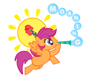 Size: 185x160 | Tagged: safe, screencap, scootaloo, pegasus, pony, g4, official, bugle, female, filly, foal, hat, line sticker, morning, picture for breezies, scootaloo can fly, simple background, solo, spread wings, sticker, stock vector, sun, text, transparent background, wings, you had one job