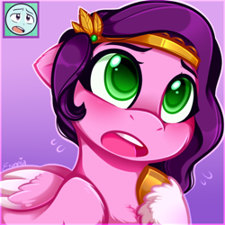 Size: 512x512 | Tagged: safe, artist:esmeia, pipp petals, pegasus, pony, g5, adorapipp, chest fluff, concerned, cute, facial expressions, female, gradient background, mare, open mouth, raised hoof, solo