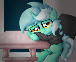 Size: 2465x2003 | Tagged: safe, artist:background basset, lyra heartstrings, pony, unicorn, fanfic:background pony, g4, chair, clothes, cute, depressed, dig the swell hoodie, high res, hoodie, lidded eyes, lyrabetes, sad, sitting, solo, table