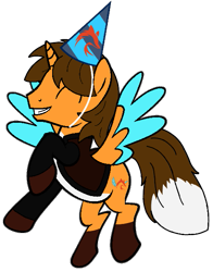 Size: 481x612 | Tagged: safe, artist:muhammad yunus, artist:noi kincade, oc, oc only, oc:ej, alicorn, fox, fox pony, hybrid, pony, g4, birthday, clothes, eyes closed, flying, fox tail, happy birthday, hat, male, party hat, simple background, smiling, solo, tail, transparent background, wings