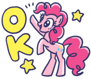 Size: 185x160 | Tagged: safe, pinkie pie, earth pony, pony, g4, official, cute, diapinkes, doodle, eyes open, female, line sticker, mare, ok, open mouth, open smile, rearing, simple background, smiling, solo, stars, text, transparent background