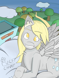 Size: 1536x2048 | Tagged: safe, artist:luckyclover, derpy hooves, pegasus, pony, g4, day, outdoors, smiling, solo