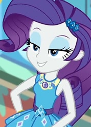 Size: 502x706 | Tagged: safe, screencap, rarity, human, equestria girls, equestria girls specials, g4, my little pony equestria girls: better together, my little pony equestria girls: rollercoaster of friendship, armpits, beautiful, bedroom eyes, belt, bracelet, clothes, dress, eyeshadow, frilly design, geode of shielding, hairpin, hand on hip, jewelry, magical geodes, makeup, rarity peplum dress, sleeveless, sleeveless dress, smiling, solo, tank top, teenager, teeth, young adult