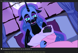 Size: 827x560 | Tagged: safe, artist:jargon scott, nightmare moon, oc, oc:nyx, alicorn, pony, g4, baby, baby pony, bed, blanket, crying, female, filly, floppy ears, foal, hoof hold, in bed, lidded eyes, looking at you, mare, mare in the moon, moon, mother and child, mother and daughter, parody, ponified, self paradox, self ponidox, stella glow, swaddling, tears of joy, teary eyes