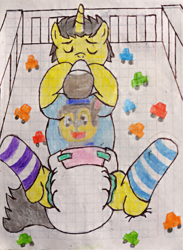 Size: 2928x4008 | Tagged: safe, artist:bitter sweetness, oc, oc only, oc:bitter sweetness, pony, unicorn, abdl, adult foal, baby bottle, bed, chase (paw patrol), clothes, crib, diaper, diaper fetish, eyes closed, fetish, graph paper, hooves, horn, lying down, lying on bed, male, mattress, non-baby in diaper, on back, on bed, paw patrol, socks, striped socks, traditional art