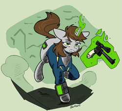 Size: 853x772 | Tagged: safe, artist:balileart, oc, oc only, oc:littlepip, pony, unicorn, fallout equestria, action pose, clothes, female, frown, glowing, glowing horn, gritted teeth, gun, handgun, horn, jumpsuit, lidded eyes, little macintosh, magic, mare, midair, partial background, pipbuck, revolver, solo, teeth, telekinesis, three quarter view, vault suit, weapon