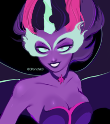Size: 2364x2662 | Tagged: safe, artist:0ponchik0, sci-twi, twilight sparkle, human, equestria girls, g4, my little pony equestria girls: friendship games, black background, breasts, bust, busty twilight sparkle, cleavage, evil smile, female, grin, high res, midnight sparkle, narrowed eyes, portrait, shoulderless, simple background, smiling, solo