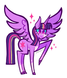 Size: 993x1152 | Tagged: safe, artist:nanuuiy, twilight sparkle, alicorn, pony, g4, female, mare, raised hoof, simple background, smiling, solo, spread wings, standing, twilight sparkle (alicorn), white background, wings