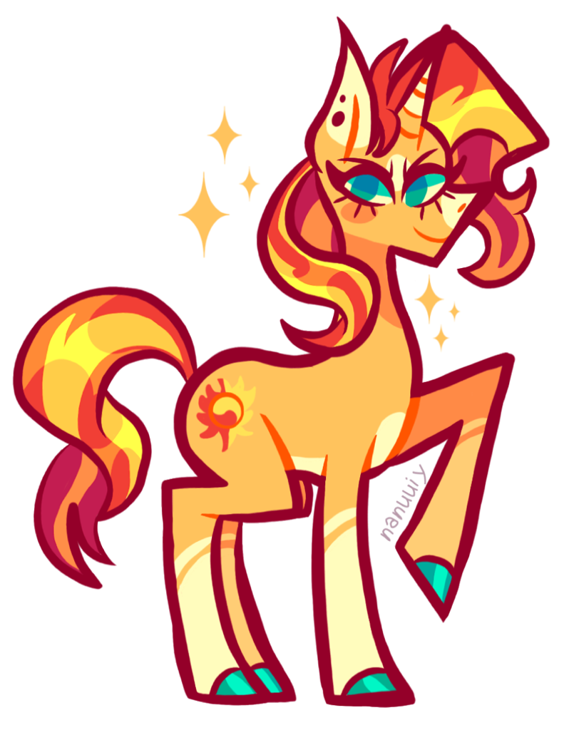 [looking at you,pony,raised hoof,safe,simple background,solo,standing,unicorn,white background,sunset shimmer,smiling,artist:nanuuiy]