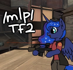 Size: 913x877 | Tagged: safe, artist:rusfag, princess luna, alicorn, pony, g4, /mlp/ tf2 general, bipedal, classic, clothes, female, gibus, hat, jacket, mare, sniper, sniper (tf2), team fortress 2, text, upward