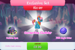 Size: 1267x857 | Tagged: safe, gameloft, idw, kaftan silk, earth pony, pony, g4, my little pony: magic princess, official, bundle, bush, clothes, costs real money, exclusive set, female, idw showified, magic coins, mare, mobile game, sale, solo