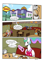 Size: 1264x1751 | Tagged: safe, artist:balileart, part of a set, princess celestia, princess luna, oc, oc:fox, oc:star magnolia, alicorn, earth pony, pegasus, pony, g4, alternate hairstyle, bacon, clothes, coffee, comic, denny's, dialogue, female, folded wings, food, fork, fried egg, hawaiian shirt, levitation, magic, mare, meat, pancakes, ponies eating meat, ponytail, sausage, shirt, sitting, speech bubble, telekinesis, text, wings