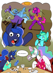 Size: 1264x1751 | Tagged: safe, artist:balileart, part of a set, princess celestia, princess luna, trixie, oc, oc:blue stroke, oc:scribble scrawl, alicorn, earth pony, pony, unicorn, g4, abuse, alternate hairstyle, bipedal, burger, butt, cape, clothes, coffee, coffee mug, comic, denny's, drink, drinking, female, folded wings, food, fork, french fries, frown, hat, hawaiian shirt, imagination, levitation, magic, mare, meme, mug, open mouth, pancakes, plot, pointing, ponytail, puffy cheeks, punch, shirt, sipping, sitting, soyjak, soyjaks pointing, telekinesis, text, thought bubble, trixiebuse, wings, wizard hat, wojak