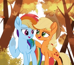 Size: 1605x1419 | Tagged: artist needed, source needed, safe, applejack, rainbow dash, earth pony, pegasus, pony, g4, autumn, duo, duo female, female, leaves, lesbian, mare, movie accurate, ship:appledash, shipping, tree