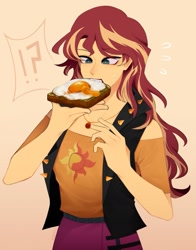 Size: 1557x1983 | Tagged: safe, artist:honekiez, sunset shimmer, human, equestria girls, g4, clothes, female, food, geode of empathy, gradient background, jacket, jewelry, magical geodes, necklace, solo, sweat, sweatdrop