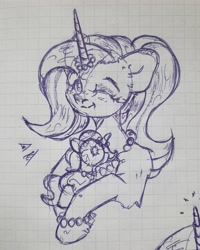 Size: 2736x3418 | Tagged: safe, artist:starkey, oc, oc only, pony, unicorn, beads, bracelet, braid, braided tail, chest fluff, ear fluff, female, fur, graph paper, high res, horn, jewelry, looking at you, mare, one eye closed, open mouth, sketch, smiling, solo, tail, toy, traditional art, unicorn oc, wink, winking at you