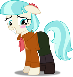 Size: 3814x4000 | Tagged: safe, artist:dashiesparkle, artist:edy_january, edit, vector edit, coco pommel, earth pony, pony, g4, ashley graham, biohazard, blushing, boots, clothes, link in description, mantle, parody, resident evil, resident evil 4, resident evil 4 remake, ribbon, shoes, simple background, solo, transparent background, vector, vector used