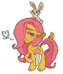 Size: 1726x2048 | Tagged: safe, artist:zira_dawn, angel bunny, fluttershy, bird, pegasus, pony, rabbit, g4, angel riding fluttershy, animal, cute, female, floppy ears, hair over one eye, heart, looking at you, mare, missing cutie mark, shyabetes, simple background, smiling, smiling at you, white background