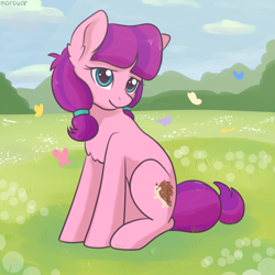 Size: 1512x1512 | Tagged: safe, artist:maravor, lily longsocks, earth pony, pony, g4, background pony, chest fluff, female, field, filly, foal, sitting, smiling, solo