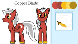 Size: 1920x1080 | Tagged: safe, artist:auro, oc, oc only, oc:copper blade, pegasus, pony, cutie mark, hooves, looking at you, newbie artist training grounds, reference sheet, side view, smiling, smiling at you, solo