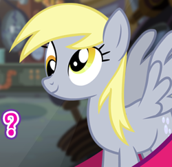 Size: 348x338 | Tagged: safe, gameloft, derpy hooves, pegasus, pony, g4, my little pony: magic princess, cropped, derpy being derpy, english, female, huh, mare, meme, pondering, ponified meme, question mark, questioning, solo, text, wondering, wow! glimmer