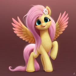 Size: 2000x2000 | Tagged: safe, artist:luminousdazzle, fluttershy, pegasus, pony, g4, g5, colored wings, cute, female, flower, flower in hair, fur, g4 to g5, generation leap, gradient background, high res, long mane, long tail, looking at you, mare, multicolored wings, open mouth, open smile, raised hoof, semi-realistic, shyabetes, smiling, smiling at you, solo, spread wings, tail, unshorn fetlocks, wings