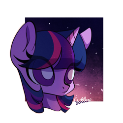 Size: 1536x1536 | Tagged: safe, artist:rottengotika, twilight sparkle, pony, unicorn, g4, bust, eye clipping through hair, female, mare, passepartout, portrait, signature, simple background, solo, unicorn twilight, white background