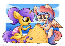 Size: 4093x2894 | Tagged: safe, artist:madelinne, oc, oc only, oc:dracey, oc:tulipan, pegasus, unicorn, anthro, chibi, clothes, duo, glasses, horn, one-piece swimsuit, pegasus oc, ponytail, sand, sandcastle, swimsuit, unicorn oc