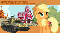 Size: 3485x1936 | Tagged: safe, artist:dashiesparkle, artist:edy_january, edit, applejack, earth pony, pony, g4, apple farm, applejack's hat, barn, cowboy hat, gun, hat, heavy machine gun, looking at you, m18 hellcat, m18 super hellcat, m2 browning, machine gun, orange background, simple background, sweet apple acres, tank (vehicle), touhou, vector used, vehicle, wallpaper, weapon