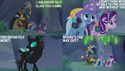 Size: 1993x1125 | Tagged: safe, edit, edited screencap, editor:quoterific, screencap, discord, starlight glimmer, thorax, trixie, changeling, draconequus, pony, unicorn, g4, season 6, to where and back again, backpack, bag, changeling hive, saddle bag