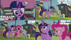 Size: 2000x1125 | Tagged: safe, edit, edited screencap, editor:quoterific, screencap, chirpy hooves, pinkie pie, twilight sparkle, alicorn, earth pony, pegasus, pony, g4, trade ya!, book, feather, foal, rainbow falls (location), twilight sparkle (alicorn)