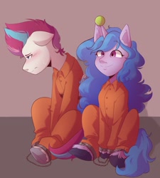 Size: 2072x2299 | Tagged: safe, artist:_saharts, izzy moonbow, zipp storm, pegasus, pony, unicorn, g5, ball, blushing, clothes, commissioner:rainbowdash69, cuffed, cuffs, duo, embarrassed, female, floppy ears, high res, horn, hornball, human facial structure, izzy's tennis ball, jumpsuit, looking away, mare, mood contrast, never doubt rainbowdash69's involvement, prison outfit, prisoner im, prisoner zipp, sad, shackles, sitting, slumped, smiling, tennis ball, wing cuffs