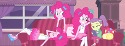 Size: 2900x1080 | Tagged: safe, composite screencap, edit, edited screencap, screencap, lily pad (g4), pinkie pie, human, equestria girls, g4, my little pony equestria girls: better together, pinkie sitting, cellphone, clothes, couch, cutie mark on clothes, female, geode of sugar bombs, hairband, magical geodes, multeity, pantyhose, phone, pillow, rah rah skirt, self paradox, shoes, skirt, smartphone, triality