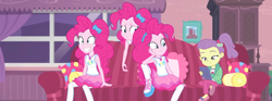 Size: 2897x1080 | Tagged: safe, composite screencap, edit, edited screencap, screencap, lily pad (g4), pinkie pie, human, equestria girls, equestria girls series, g4, pinkie sitting, cellphone, clothes, couch, cutie mark on clothes, female, geode of sugar bombs, hairband, magical geodes, multeity, pantyhose, phone, pillow, rah rah skirt, self paradox, shoes, skirt, sleeveless, smartphone, triality