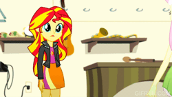 Size: 520x293 | Tagged: safe, screencap, fluttershy, sunset shimmer, human, equestria girls, g4, my little pony equestria girls: summertime shorts, pet project, animated, clothes, confused, cutie mark accessory, cutie mark on clothes, duo, duo female, eyeshadow, female, gif, grin, hand behind back, hem, jacket, leather, leather jacket, makeup, shirt, skirt, smiling, take my hand, tank top, whoa, yoink