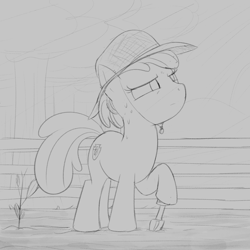 Size: 2160x2160 | Tagged: safe, artist:dtcx97, apple bloom, earth pony, pony, g4, female, filly, foal, gardening, hat, high res, monochrome, sketch, solo, summer, sweat, traditional art, trowel