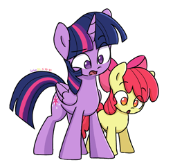 Size: 878x848 | Tagged: safe, artist:spheedc, apple bloom, twilight sparkle, alicorn, earth pony, pony, g4, :o, duo, duo female, female, filly, foal, mare, open mouth, simple background, twilight sparkle (alicorn), white background, you seeing this shit