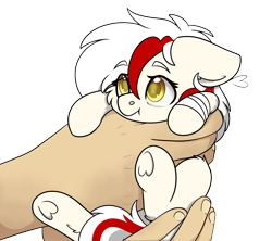 Size: 2403x2136 | Tagged: safe, artist:rokosmith26, oc, oc only, oc:awya lightfeather, pony, bandage, cheek fluff, commission, cute, female, filly, floppy ears, foal, hand, high res, holding, holding a pony, in goliath's palm, looking up, mare, moderate dark skin, simple background, size difference, smol, solo, tiny, tiny ponies, tired eyes, transparent background, underhoof, ych result, younger